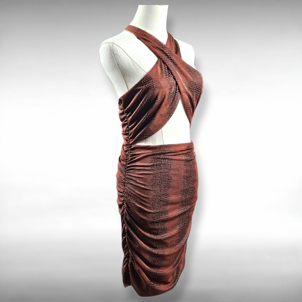 Windsor Copper Snakeskin Halter Cutout Ruched Bodycon‎ Mini Dress Brown Medium